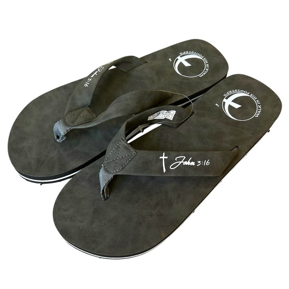 Walk in His Footsteps NWT Unisex John 3:16 Charcoal Grey Flip Flops M/L - Picture 1 of 7